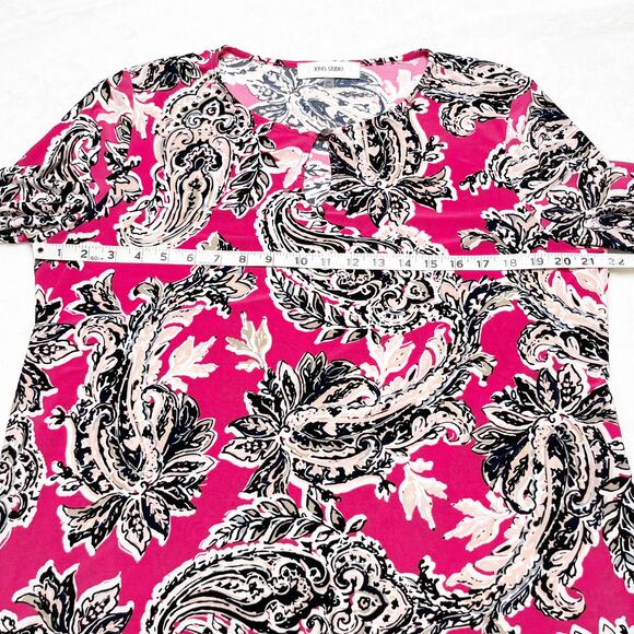 JONES STUDIO Pink & Black Paisley Keyhole Top 3/4 Ruffle Sleeves Blouse Petite - Picture 5 of 8
